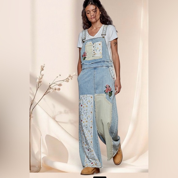 POL Floral Patchwork Jean Overalls Embroidered Bohemian Denim Jumpsuit - Picture 7 of 8